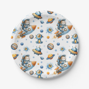 Cute Astronaut Cat Outer Space Pattern Galaxy  Paper Plate