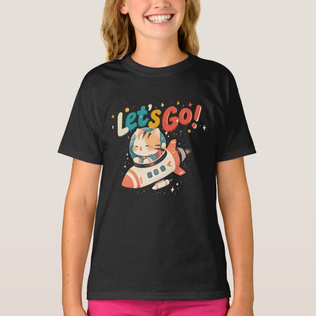 Cute astronaut cat riding rocket in space T-Shirt (Front)