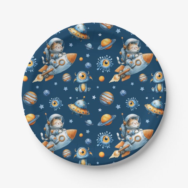 Cute Astronaut Cat Space Galaxy Pattern Navy Blue  Paper Plate (Front)