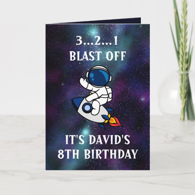 Cute Astronaut Green Purple Galaxy 8th Birthday  Card (Front)