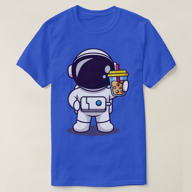 Cute Astronaut Holding Boba Milk Tea Cartoon T-Shirt (Design Front)