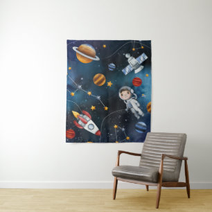 Cute Astronaut in Outer Space Kids Room Tapestry
