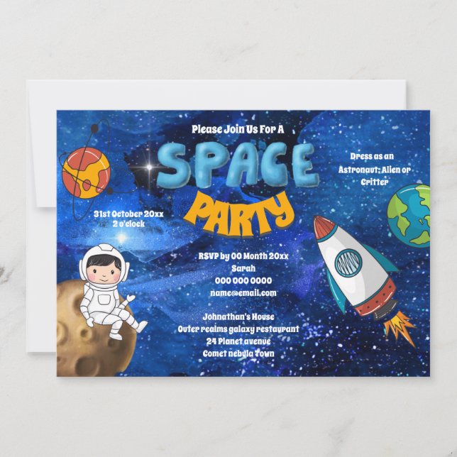 Cute astronaut in space with rocket ship planets invitation (Front)