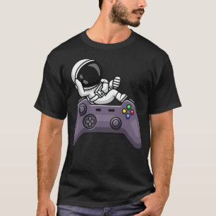 Cute Astronaut Laying on Controller Cartoon T-Shirt