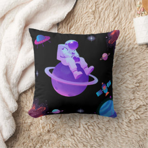 Cute Astronaut on Planet Throw Pillow