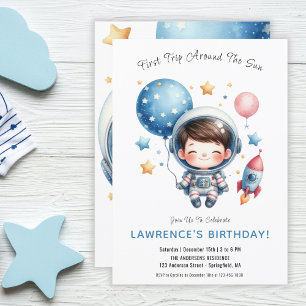 Cute Astronaut Outer Space First Birthday Invitation