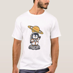 Cute Astronaut Penguin Waving on Asteroid T-Shirt