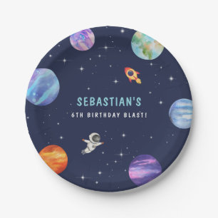 Cute Astronaut Planets Birthday Party Watercolor Paper Plate