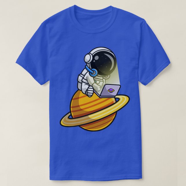 Cute Astronaut Playing Laptop On Planet Cartoon T-Shirt (Design Front)