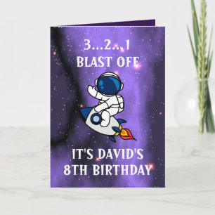Cute Astronaut Purple Black Galaxy 8th Birthday Card