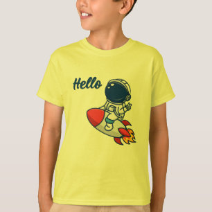 Cute Astronaut Riding Rocket "Hello" Kids T-Shirt