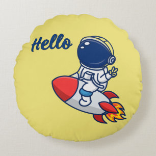 Cute Astronaut Riding Rocket "Hello" Throw Pillow