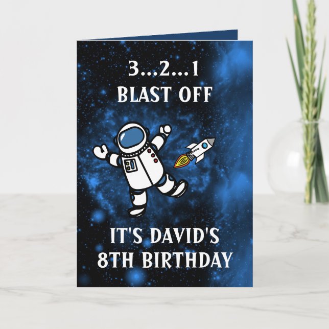 Cute Astronaut Rocket Blue Galaxy 8th Birthday Card (Front)