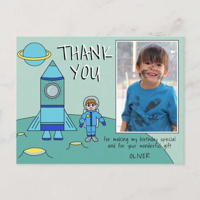 Cute Astronaut Rocket Boy Thank you Birthday Photo Postcard (Front)