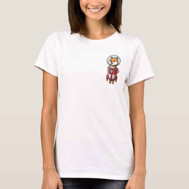 Cute Astronaut Shiba Inu Dog in Red Rocket Cartoon T-Shirt (Front)