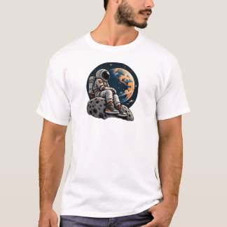 Cute Astronaut Sitting on Asteroid Space Art T-Shirt