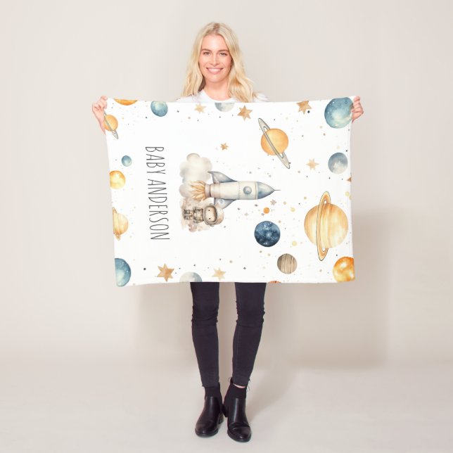 Cute Astronaut Space Monogram Boys Fleece Blanket (In Situ)