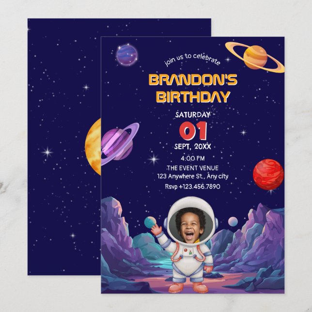 Cute astronaut space photo birthday invitation (Front/Back)