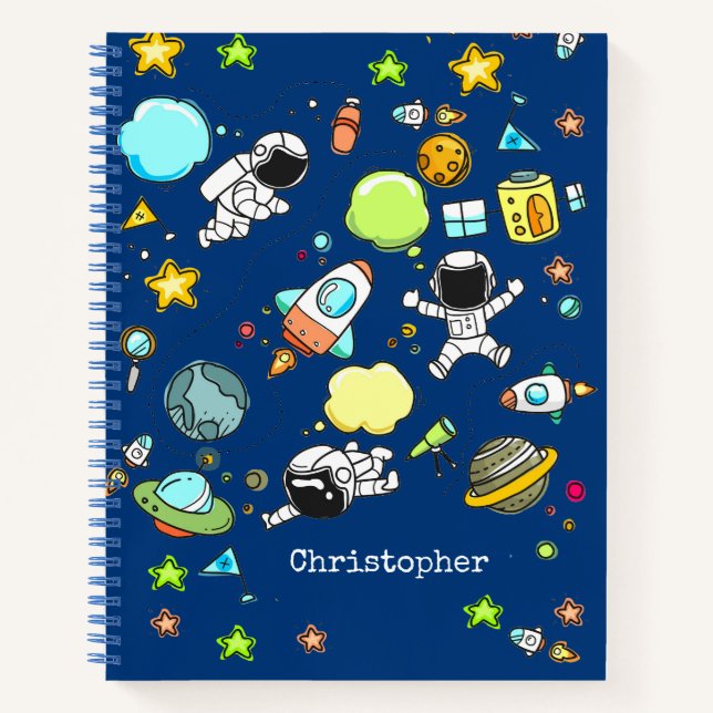 Cute Astronaut Space Rockets Pattern Name Notebook (Front)