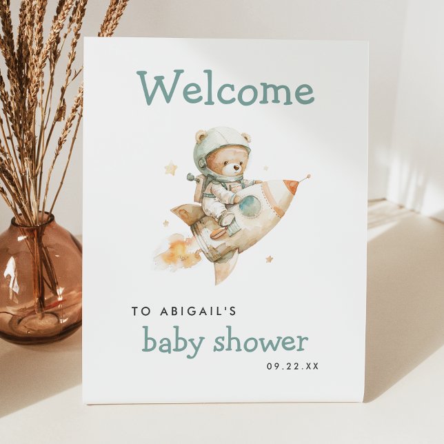 Cute Astronaut Teddy Bear Baby Shower Welcome Pedestal Sign (Creator Uploaded)