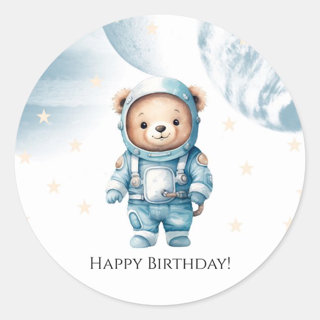 Cute Astronaut Teddy Bear Birthday Party Classic Round Sticker (Front)