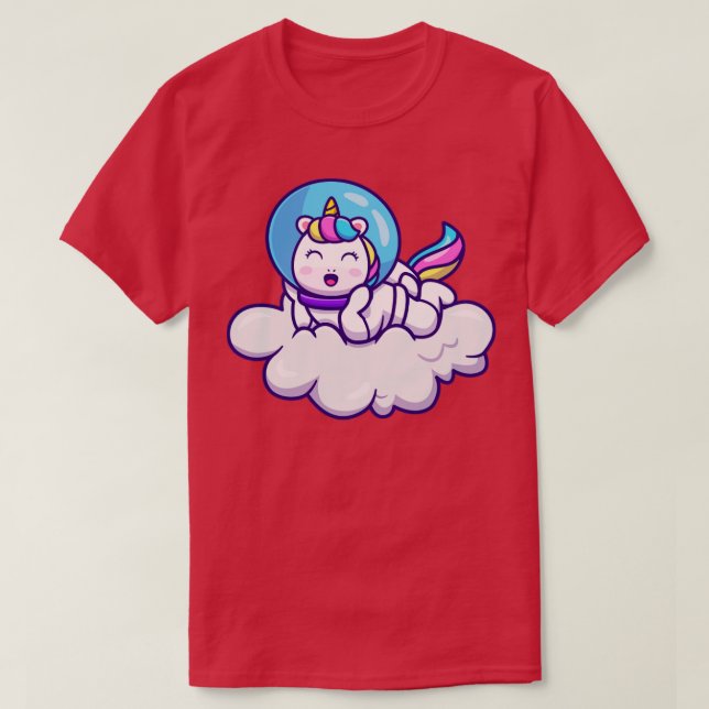 Cute Astronaut Unicorn Laying On Cloud Cartoon T-Shirt (Design Front)