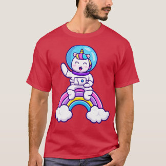 Cute Astronaut Unicorn Sitting On Rainbow Cartoon T-Shirt