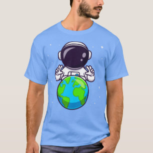 Cute Astronaut With Earth In Space Cartoon T-Shirt