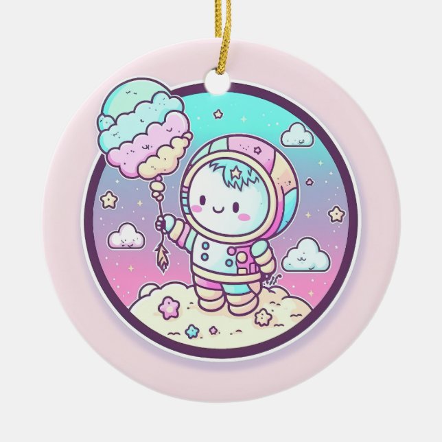 Cute Astronaut with Ice Cream Baloon on the Moon | Ceramic Tree Decoration (Front)