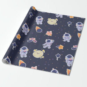 Cute Astronauts and Stars Space Wrapping Paper