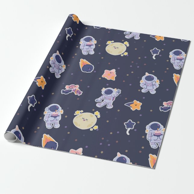 Cute Astronauts and Stars Space Wrapping Paper (Unrolled)