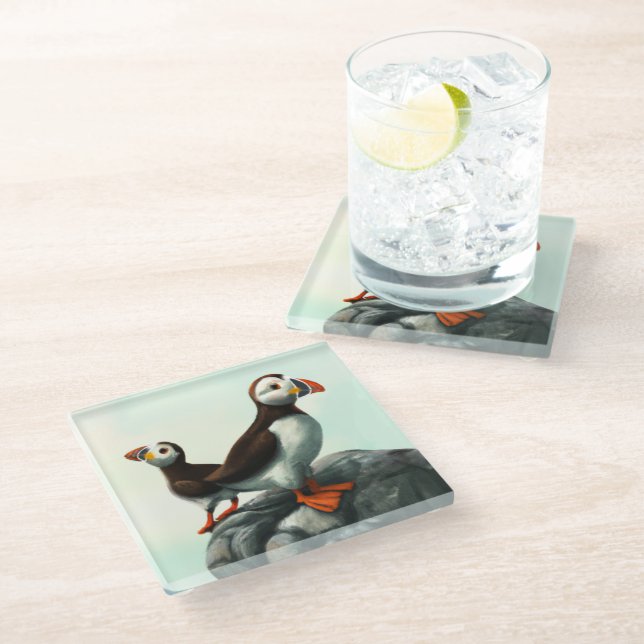 Cute Atlantic Puffins Seabirds on the Rocks Glass Coaster (Angled)