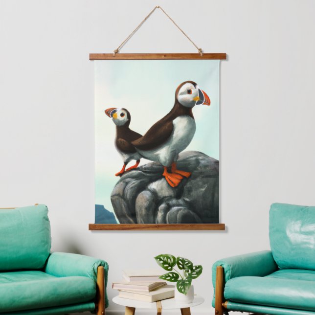 Cute Atlantic Puffins Seabirds on the Rocks Hanging Tapestry (Living Room)