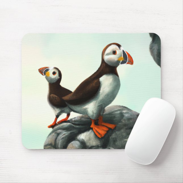 Cute Atlantic Puffins Seabirds on the Rocks Mouse Mat (With Mouse)
