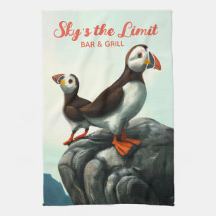 Cute Atlantic Puffins Seabirds on the Rocks Tea Towel
