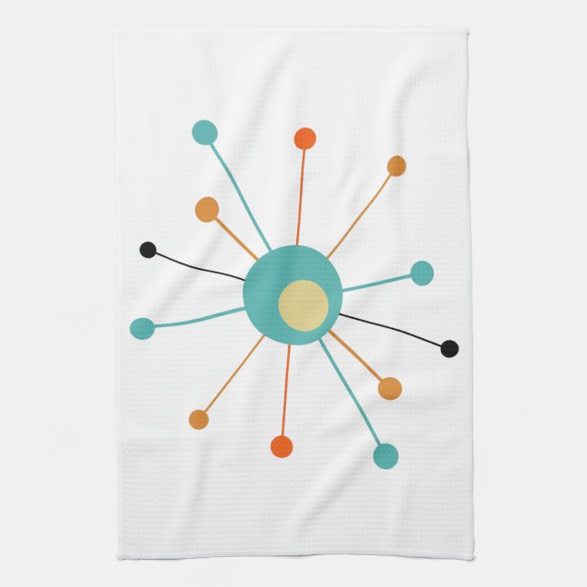 Cute Atomic Star Retro Turquoise Orange Midcentury Tea Towel (Vertical)
