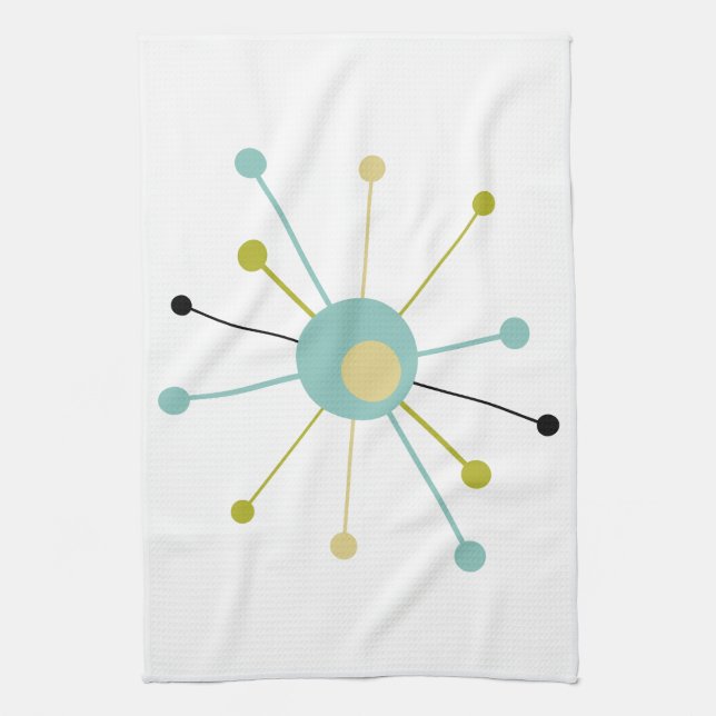 Cute Atomic Star Retro Turquoise Yellow Midcentury Tea Towel (Vertical)
