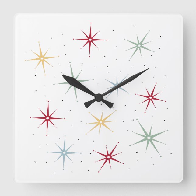 Cute Atomic Starburst Mid Century Pattern Square Wall Clock (Front)