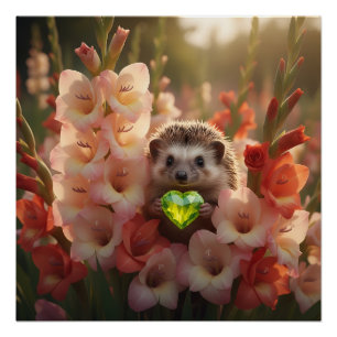 Cute August Hedgehog with Peridot Heart Poster