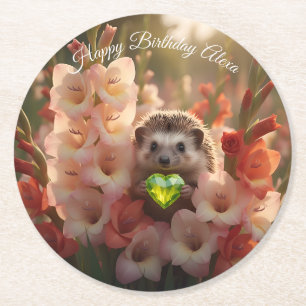 Cute August Hedgehog with Peridot Heart Round Paper Coaster