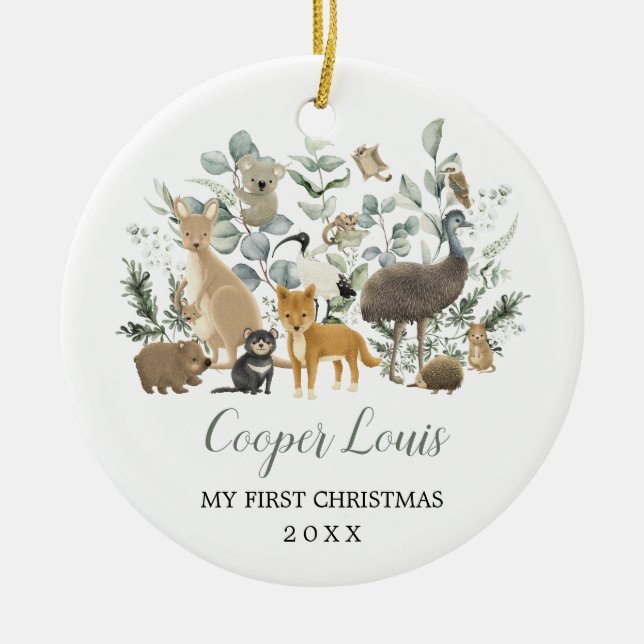 Cute Aussie Animals Greenery Baby 1st Christmas Ceramic Tree Decoration (Front)