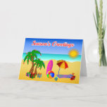 Cute Aussie Beach Scene Australian Christmas Cards<br><div class="desc">© Sunny Mars Designs. Christmas in Australia Beach Scene  – Christmas greeting card with a tropical beach illustration  with a palm tree with Christmas decorations,  presents,  a surf board,  beach umbrella,  towel,  ball,  bucket and spade and thongs.</div>