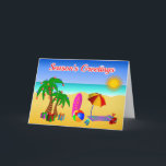 Cute Aussie Beach Scene Australian Christmas Cards<br><div class="desc">© Sunny Mars Designs. Christmas in Australia Beach Scene  – Christmas greeting card with a tropical beach illustration  with a palm tree with Christmas decorations,  presents,  a surf board,  beach umbrella,  towel,  ball,  bucket and spade and thongs.</div>