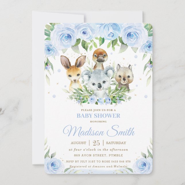 Cute Australian Animals Blue Floral Baby Shower Invitation (Front)
