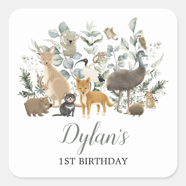 Cute Australian Animals Eucalyptus Birthday Party Square Sticker (Front)