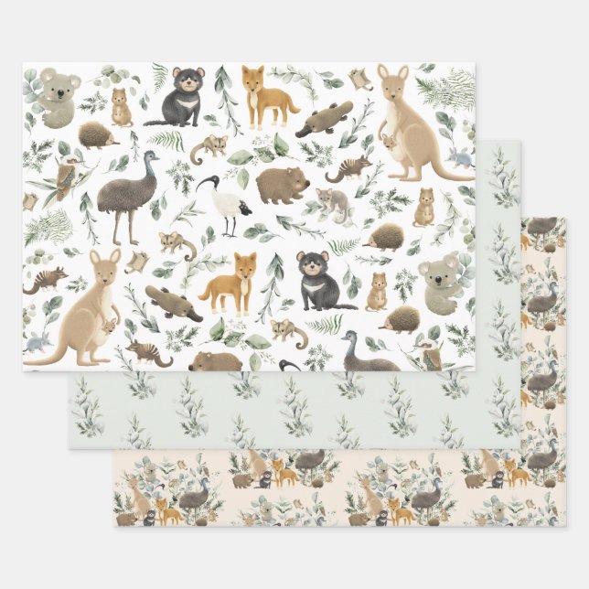 Cute Australian Animals Greenery Birthday Baby Boy Wrapping Paper Sheet (Set)
