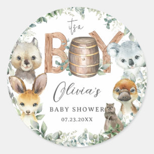 Cute Australian Animals Greenery Boy Baby Shower  Classic Round Sticker