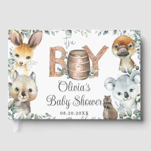 Cute Australian Animals Greenery Boy Baby Shower  Guest Book (Front)