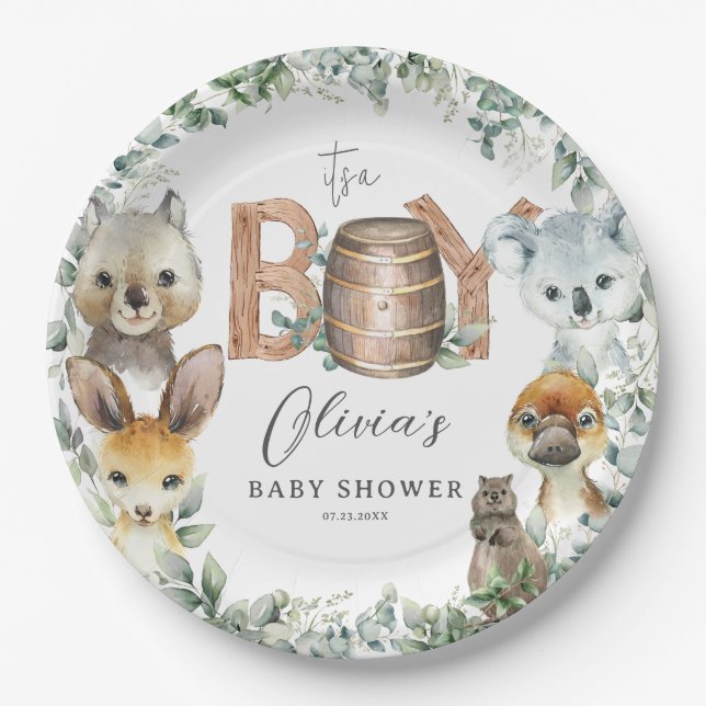 Cute Australian Animals Greenery Boy Baby Shower  Paper Plate (Front)