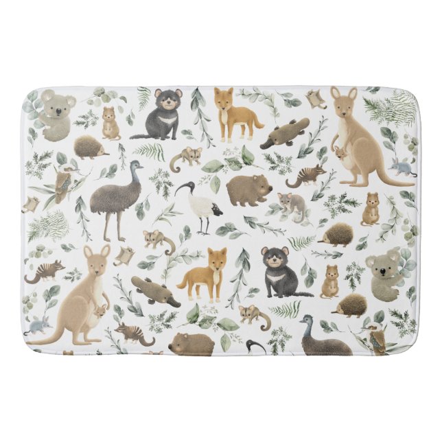Cute Australian Animals Greenery Leaves Kids Bath Mat (Front)